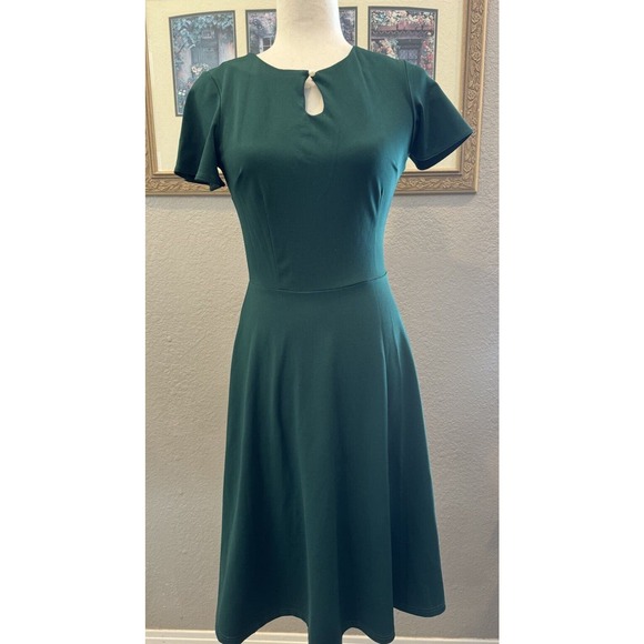 Green Swing Party Dress Keyhole Small Stretch Midi Rockabilly Repro Fit Flare - Picture 1 of 3